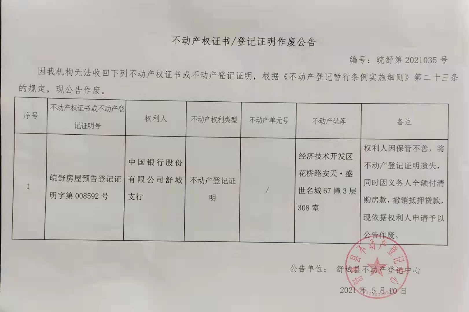 关于中国银行股份有限公司舒城支行不动产登记证明作废公告
