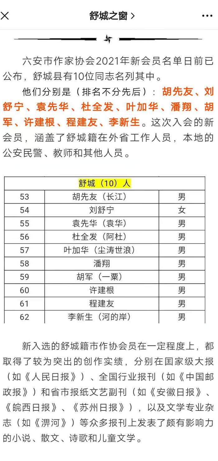 一一寒塘小学退休教师袁先华成为六安市作协新会员