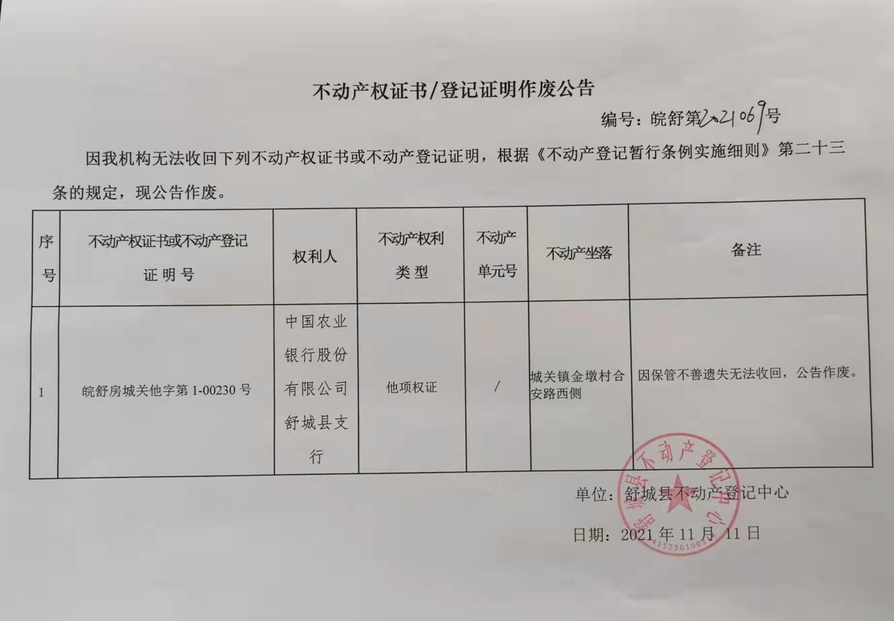 关于中国农业银行股份有限公司舒城县支行不动产登记证明作废公告