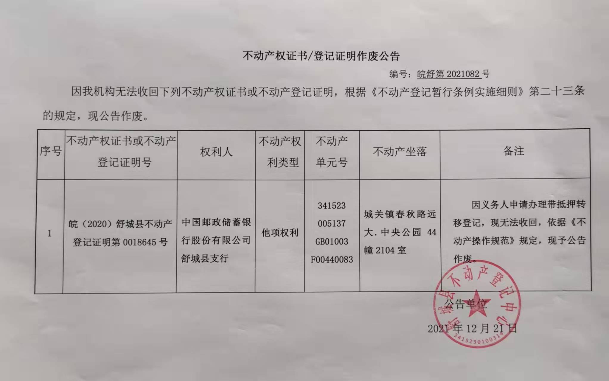 关于中国邮政储蓄银行股份有限公司舒城县支行不动产登记证明作废公告