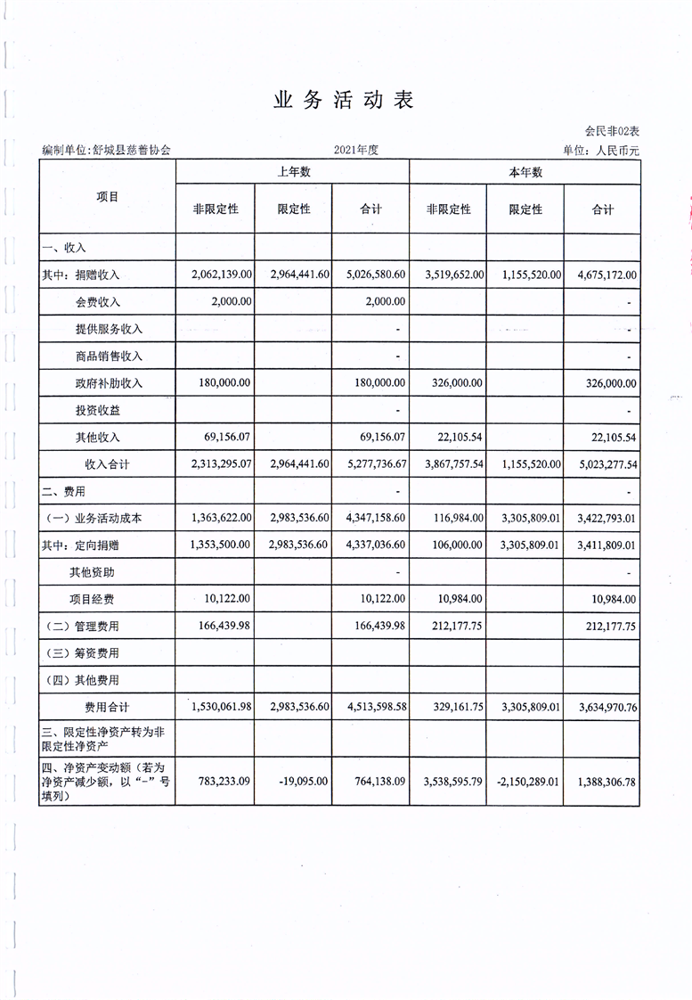 2021年慈善协会财务报表情况
