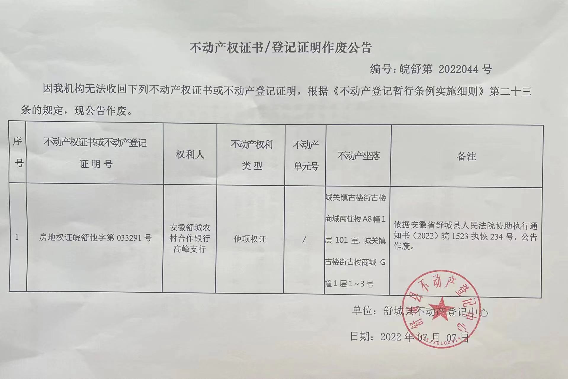 关于安徽舒城农村合作银行高峰支行不动产登记证明作废公告