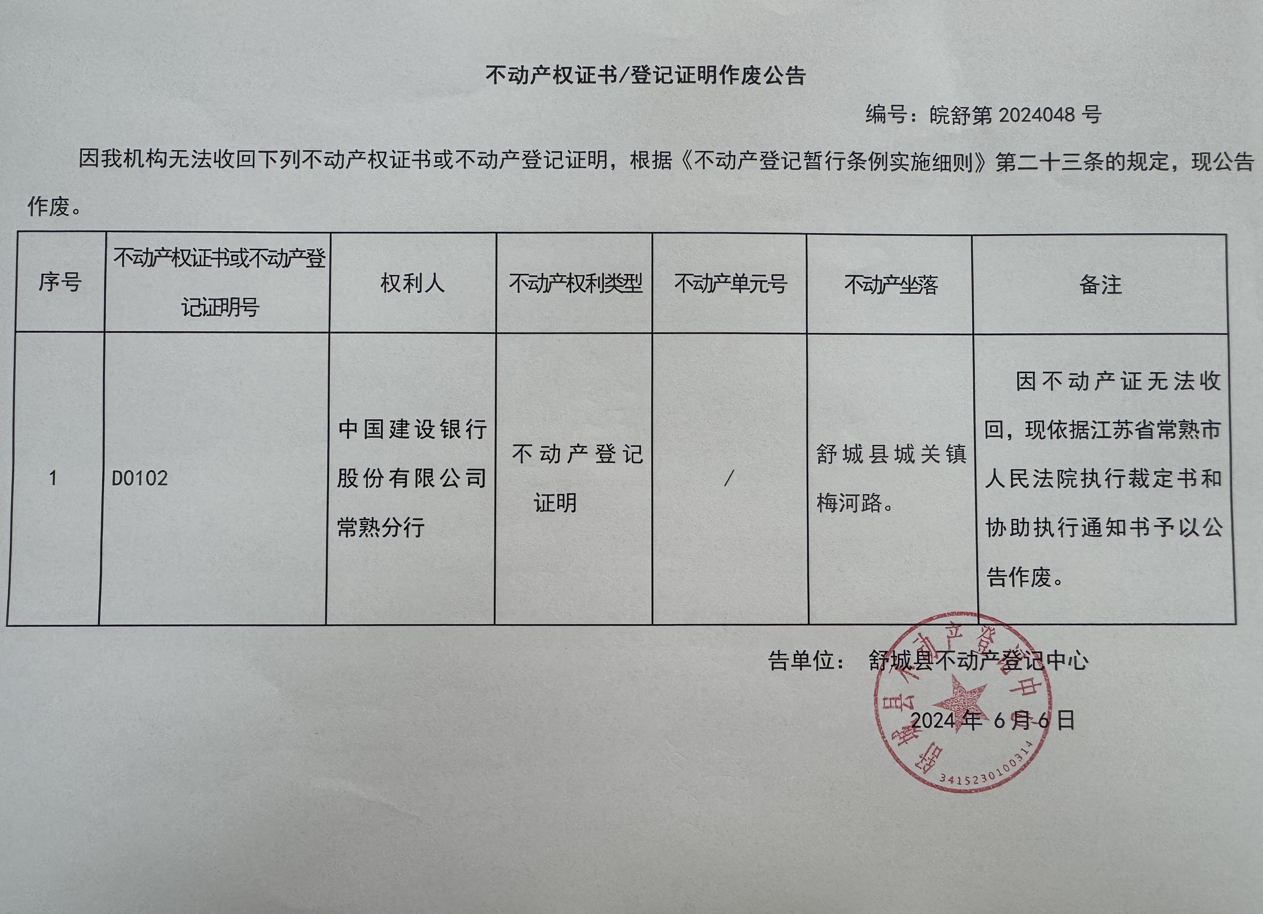 关于中国建设银行股份有限公司常熟支行不动产登记证明作废公告