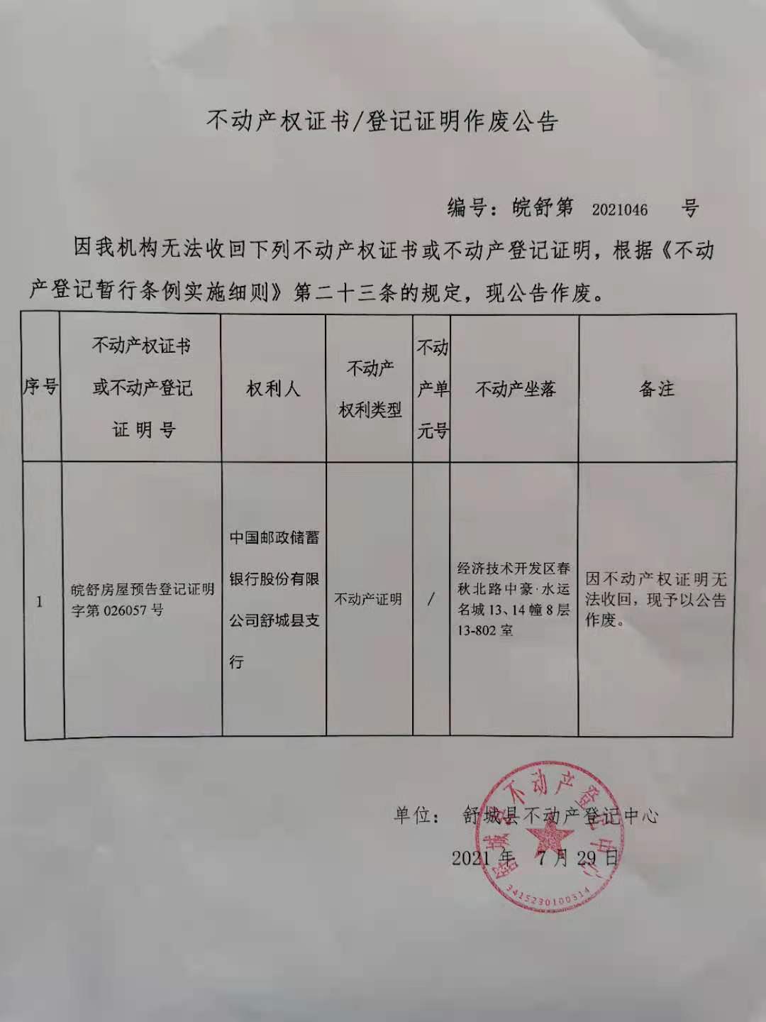 关于中国邮政储蓄银行股份有限公司舒城县支行不动产登记证明作废公告