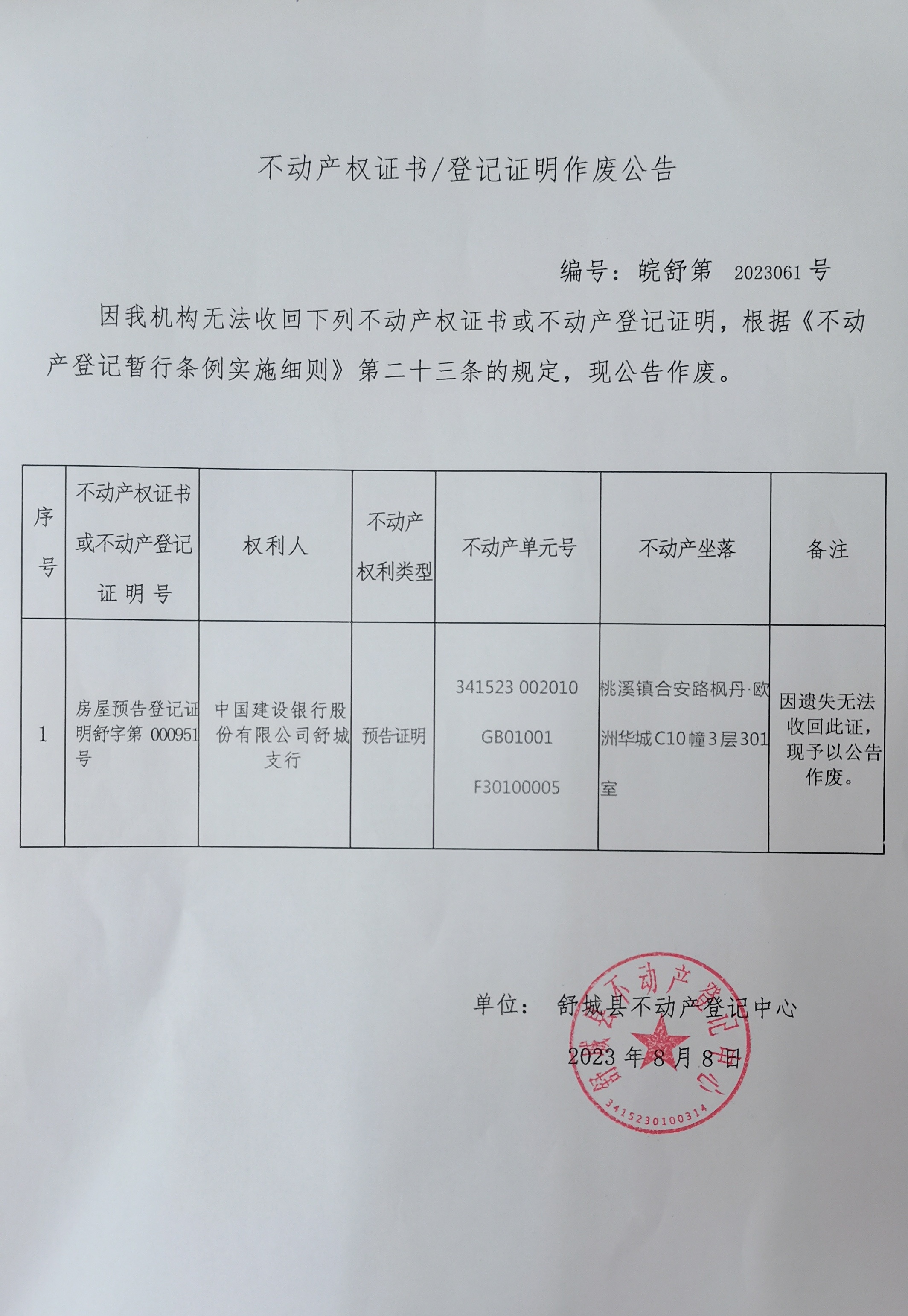 关于中国建设银行股份有限公司舒城支行不动产登记证明作废公告
