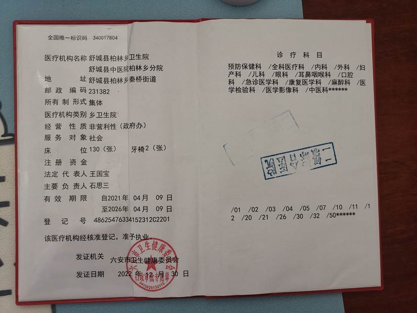 舒城县柏林乡卫生院《医疗机构执业许可证》副本信息