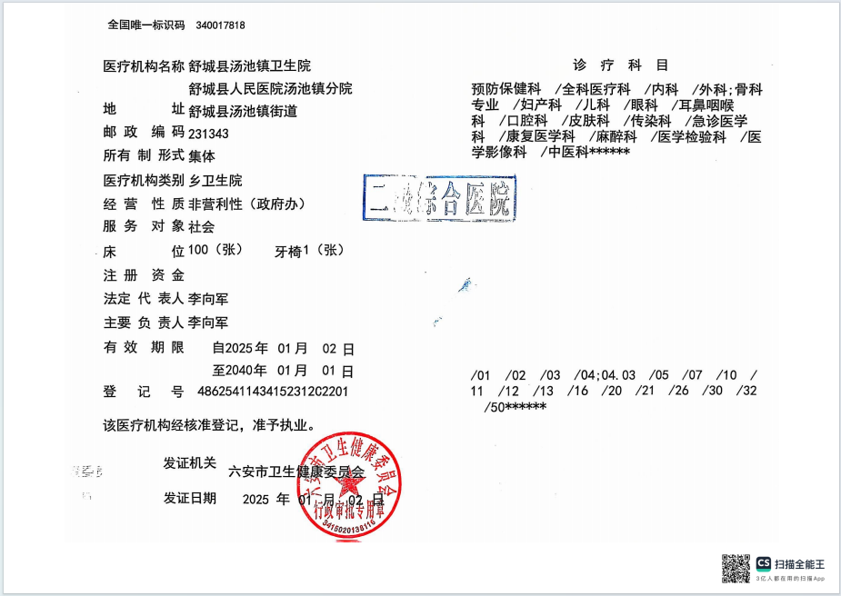 舒城县汤池镇卫生院医疗机构许可证副本