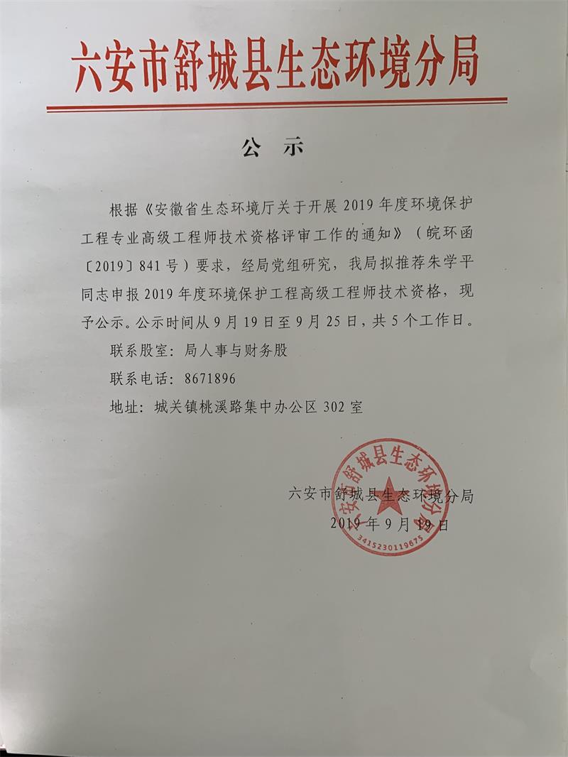 关于2019年度环境保护工程高级工程师技术资格的公示