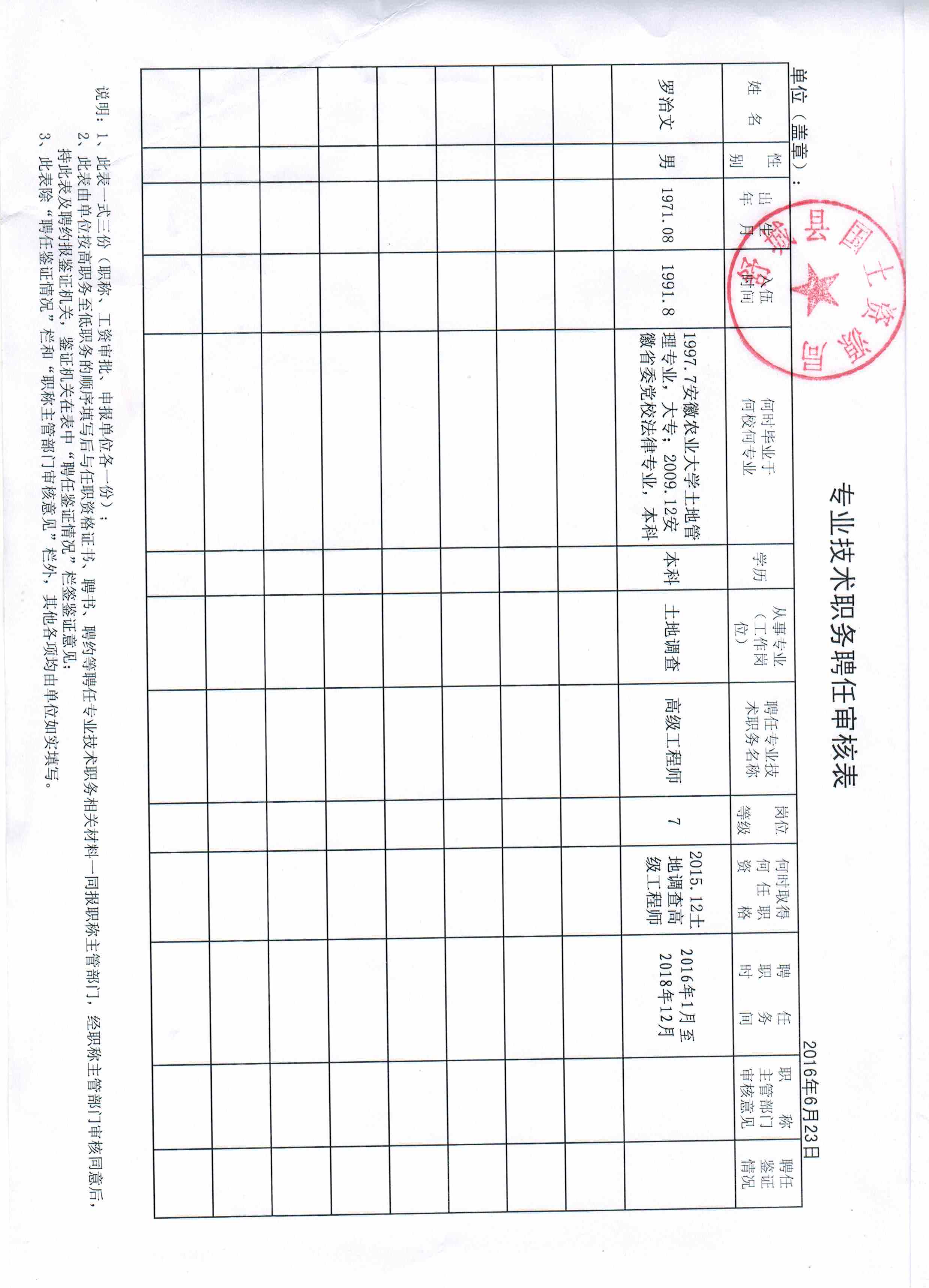 关于拟聘任罗治文同志专业技术职务的报告